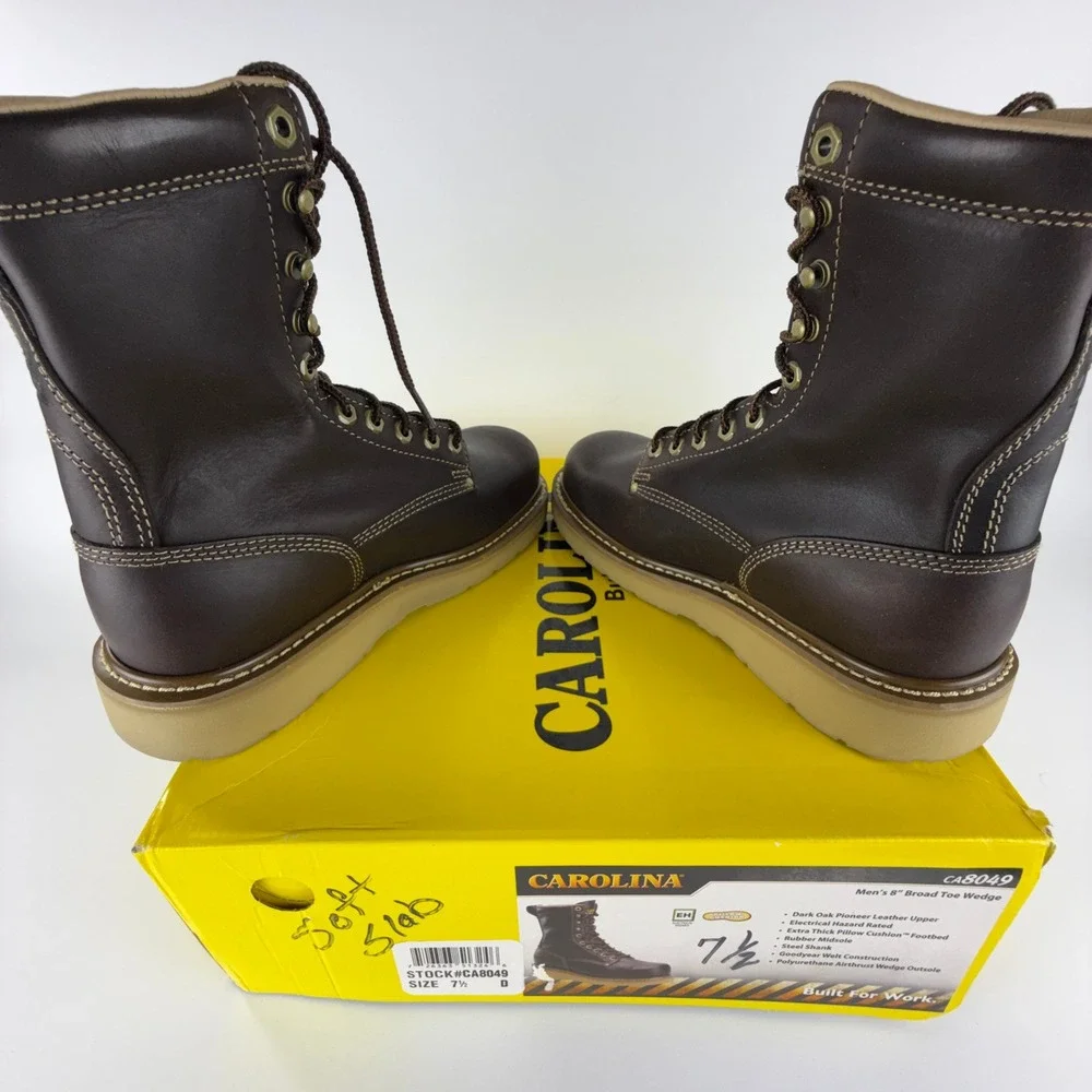 Carolina CA8049 Mens 8 Inch Broad Toe Wedge Work Boots Dark Oak Leather EH 7.5 D